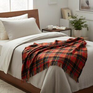 VINTAGE Red Green Plaid Wool blend Throw Blanket Made in Canada 60x60